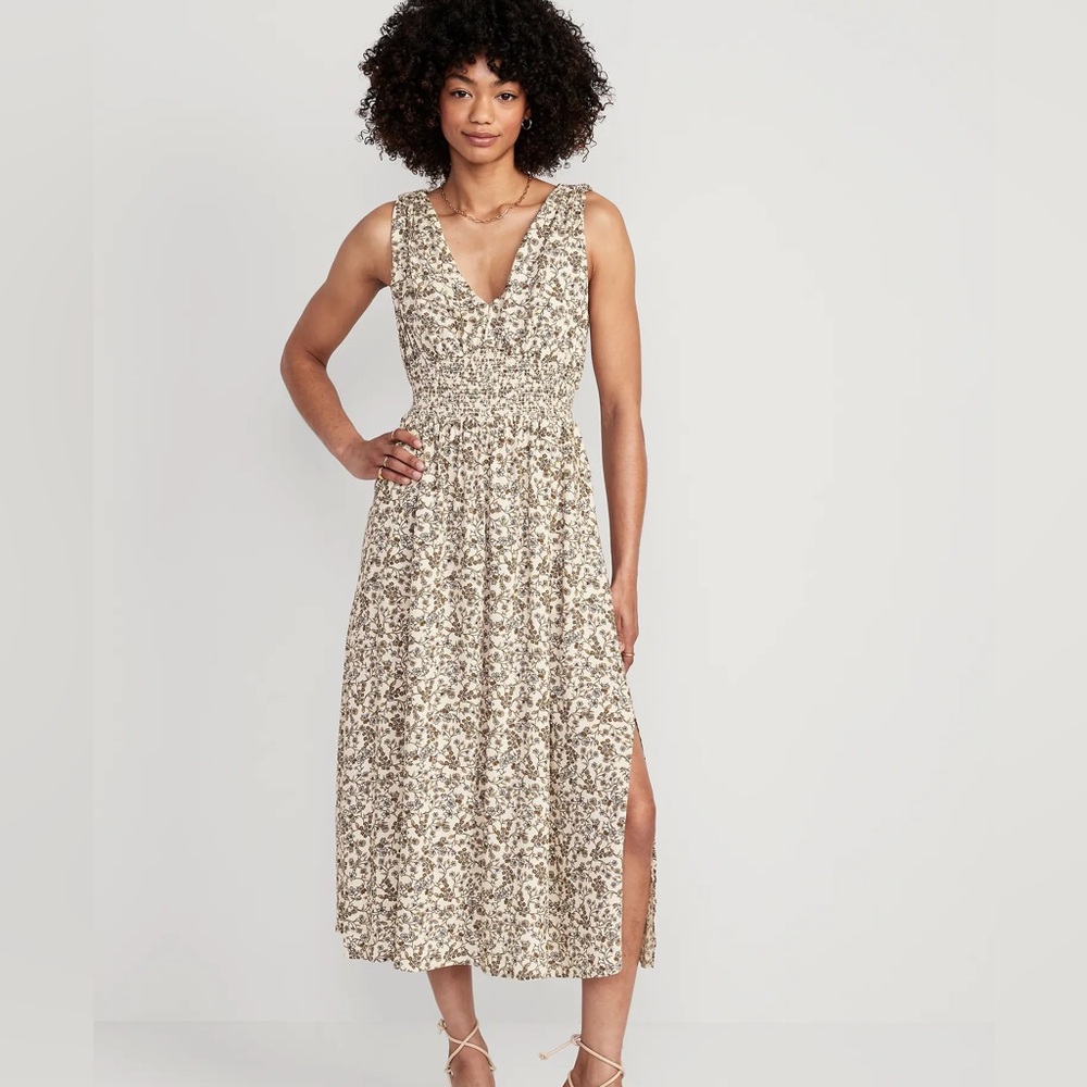 Old Navy cream and black floral dress with smocked waist